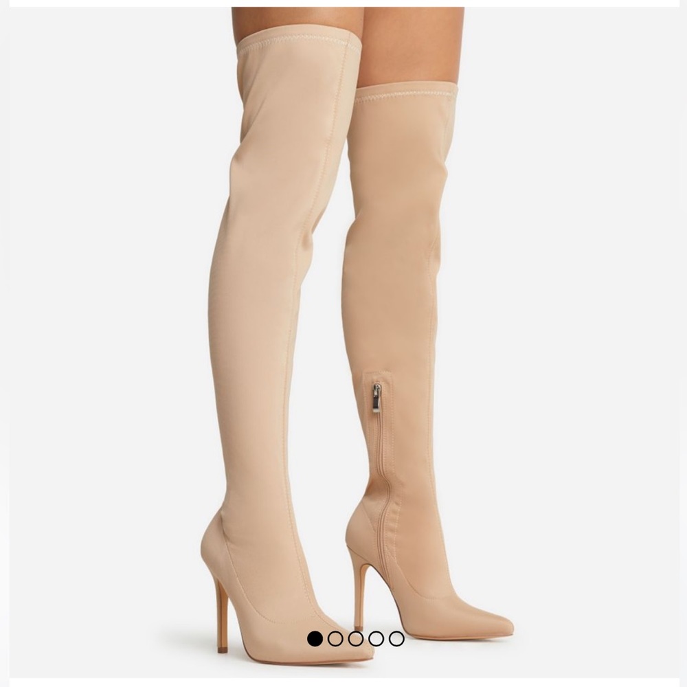ALABAMA POINTED TOE OVER THE KNEE THIGH HIGH LONG SOCK BOOT IN NUDE LYCRA size 7